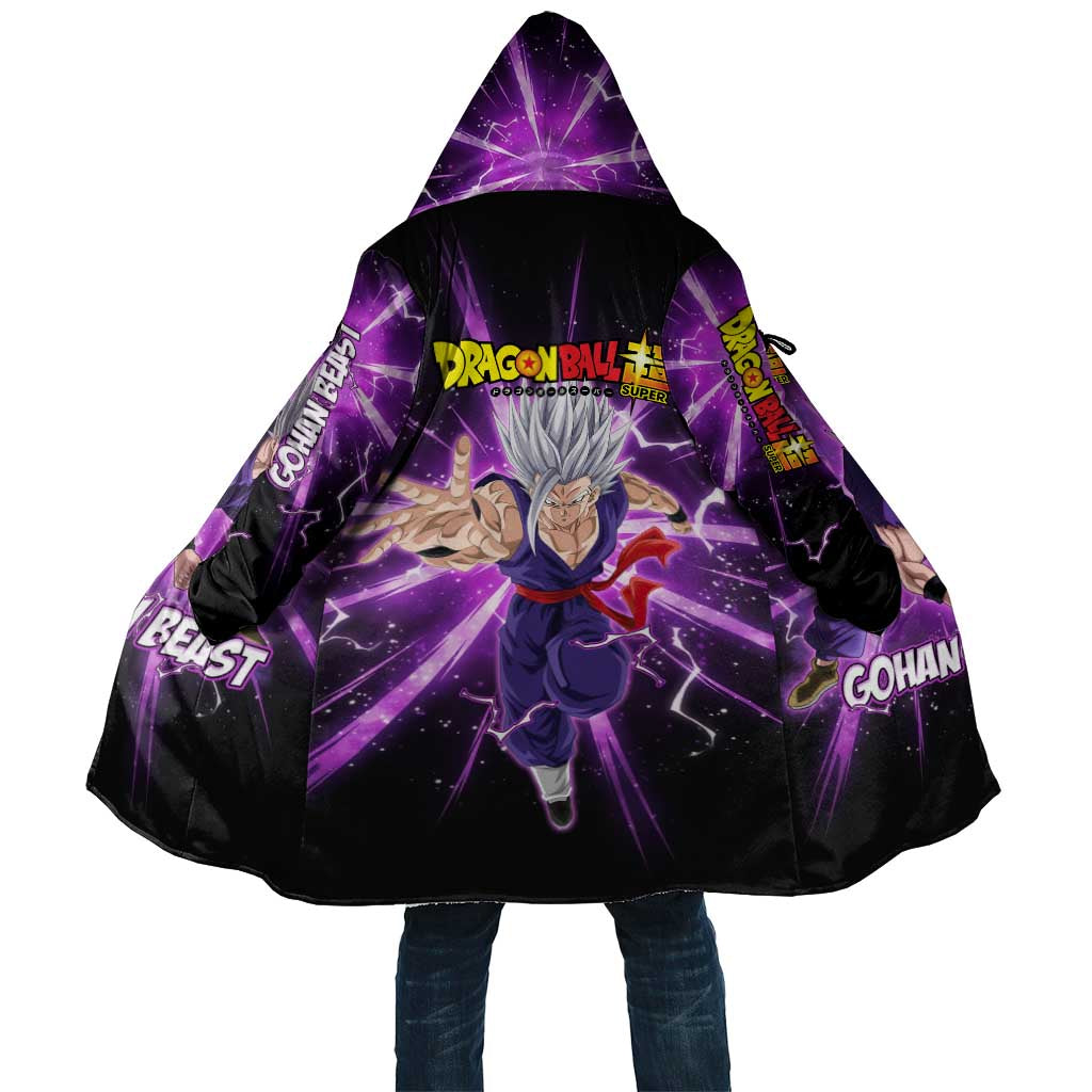 Gohan Beast Dragon Ball Super Anime Purple Lightning Aura Design Cloak with Dynamic Power Pose and Energy Burst Background - The Mazicc
