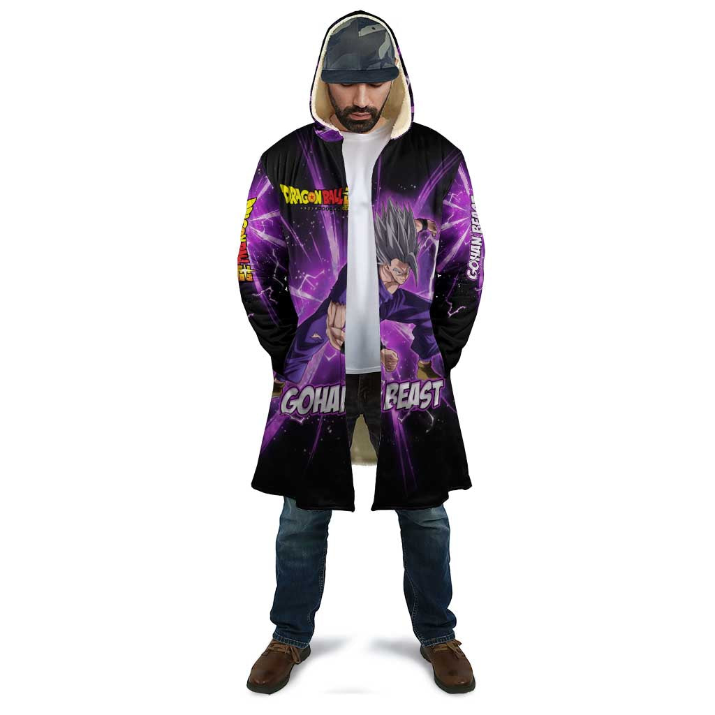 Gohan Beast Dragon Ball Super Anime Purple Lightning Aura Design Cloak with Dynamic Power Pose and Energy Burst Background - The Mazicc