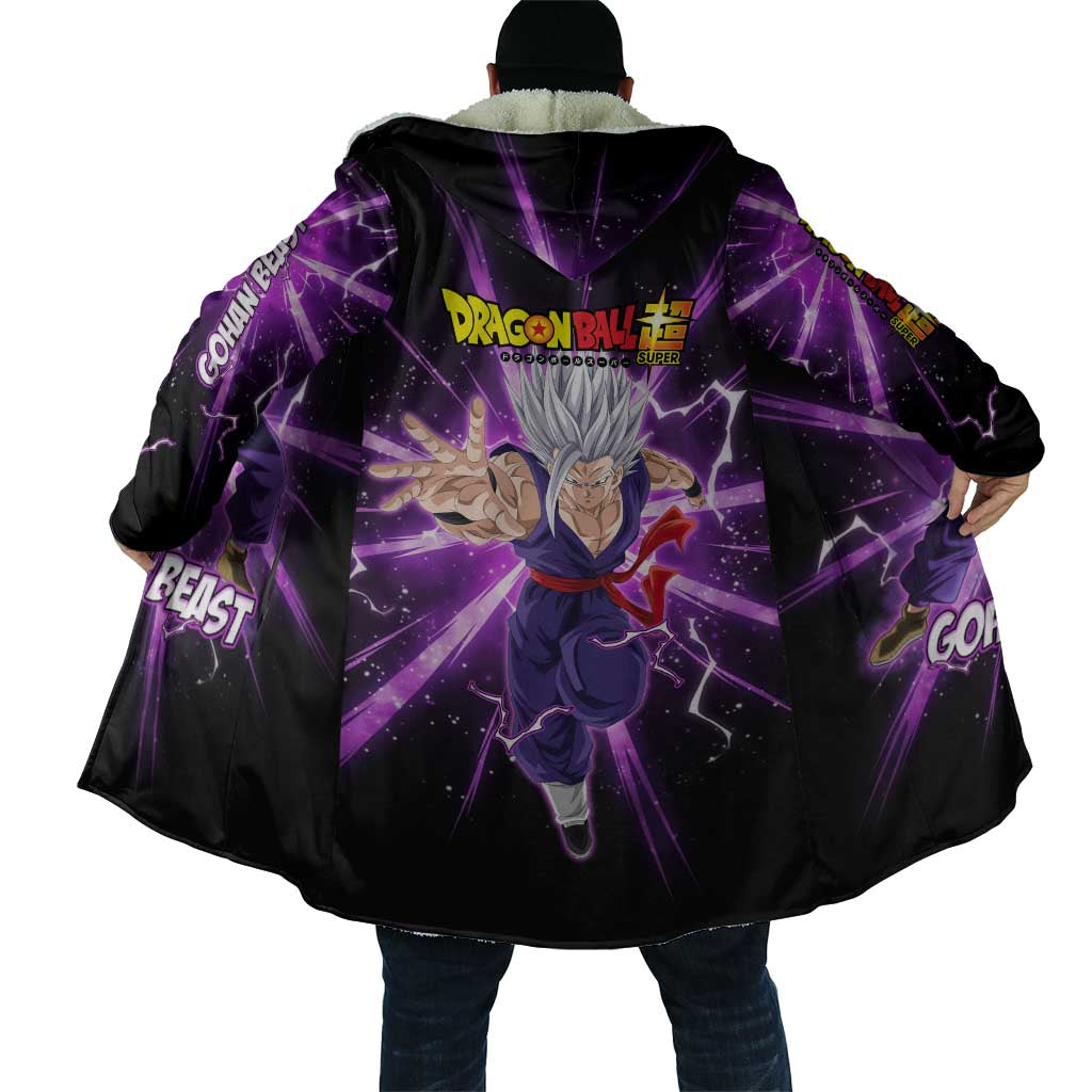 Gohan Beast Dragon Ball Super Anime Purple Lightning Aura Design Cloak with Dynamic Power Pose and Energy Burst Background - The Mazicc