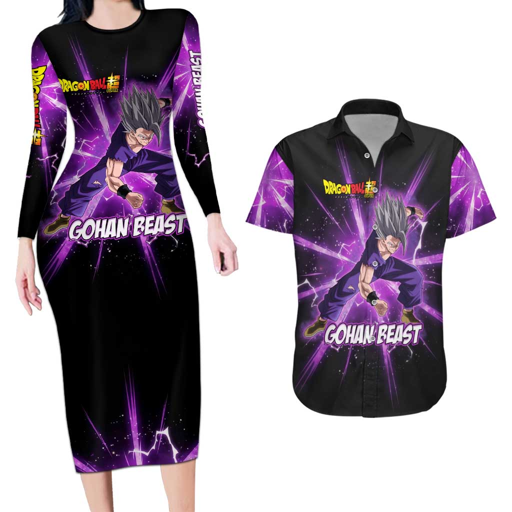 Gohan Beast Dragon Ball Super Anime Purple Lightning Aura Design Couples Matching Long Sleeve Bodycon Dress and Hawaiian Shirt with Dynamic Power Pose and Energy Burst Background - The Mazicc