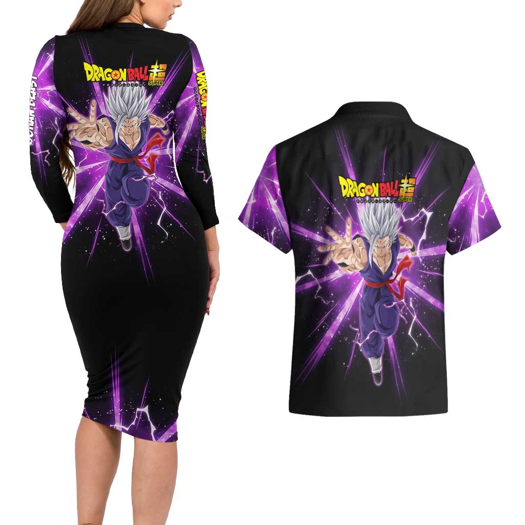 Gohan Beast Dragon Ball Super Anime Purple Lightning Aura Design Couples Matching Long Sleeve Bodycon Dress and Hawaiian Shirt with Dynamic Power Pose and Energy Burst Background - The Mazicc
