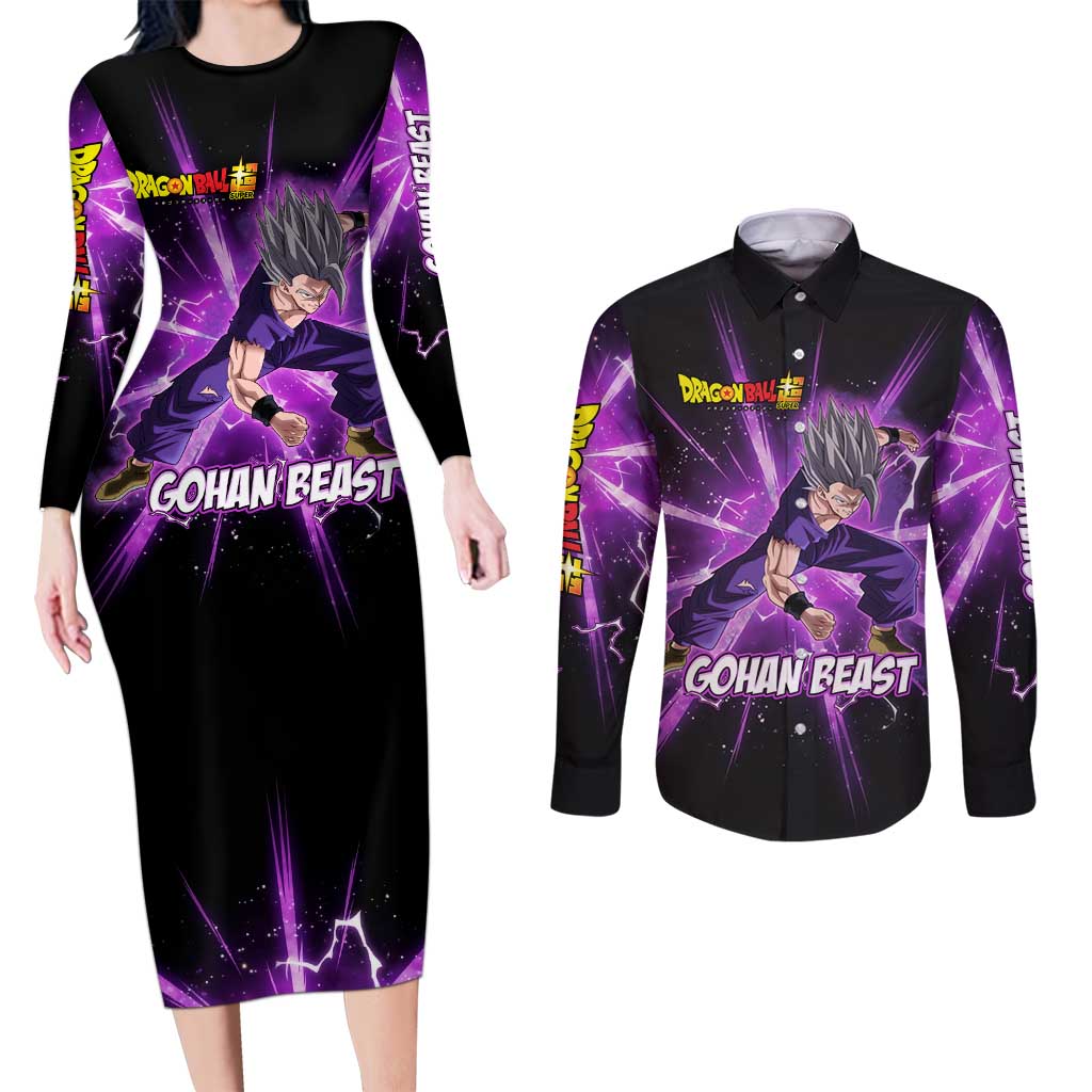 Gohan Beast Dragon Ball Super Anime Purple Lightning Aura Design Couples Matching Long Sleeve Bodycon Dress and Long Sleeve Button Shirt with Dynamic Power Pose and Energy Burst Background - The Mazicc