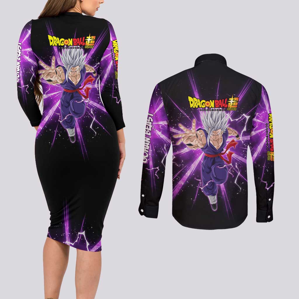 Gohan Beast Dragon Ball Super Anime Purple Lightning Aura Design Couples Matching Long Sleeve Bodycon Dress and Long Sleeve Button Shirt with Dynamic Power Pose and Energy Burst Background - The Mazicc