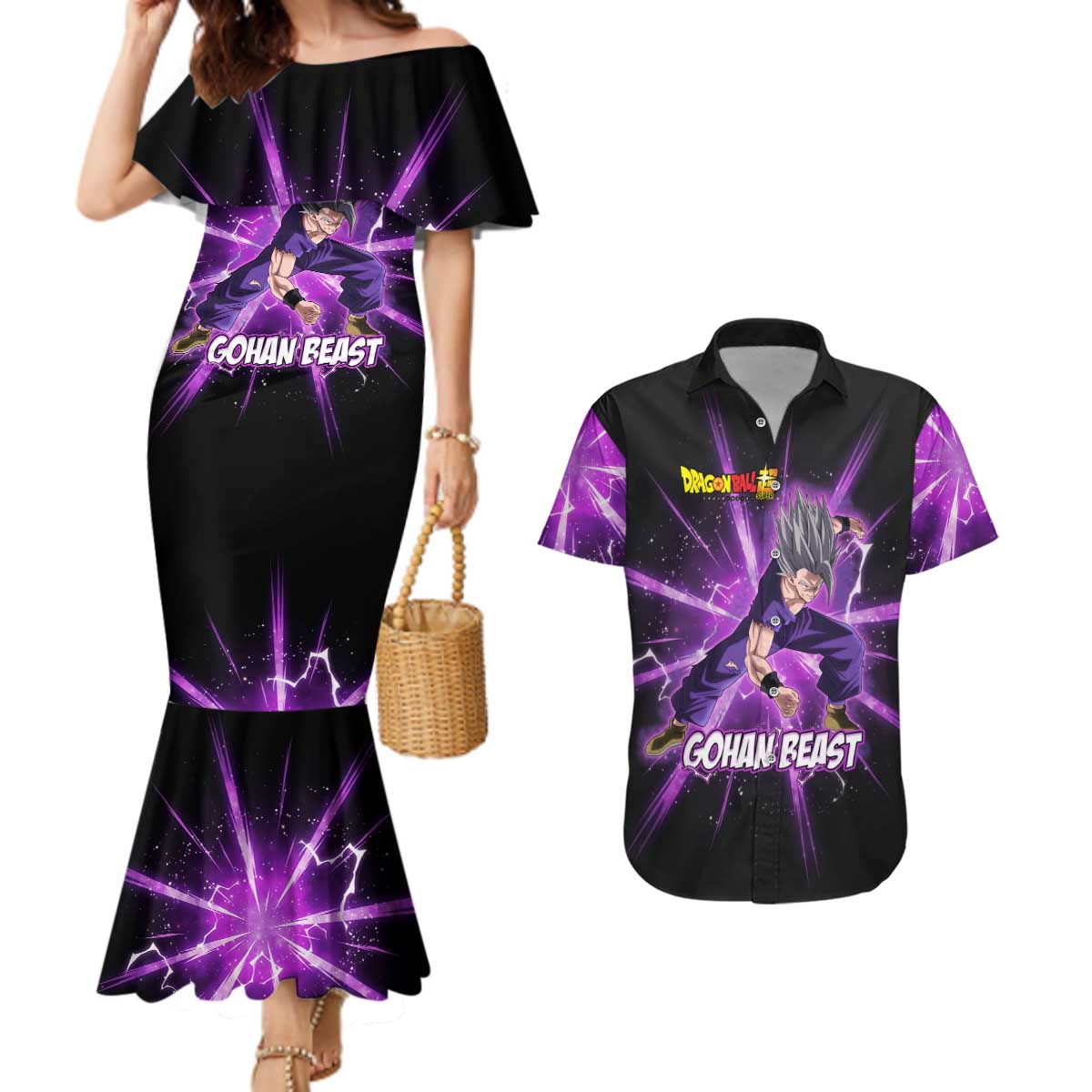 Gohan Beast Dragon Ball Super Anime Purple Lightning Aura Design Couples Matching Mermaid Dress and Hawaiian Shirt with Dynamic Power Pose and Energy Burst Background - The Mazicc
