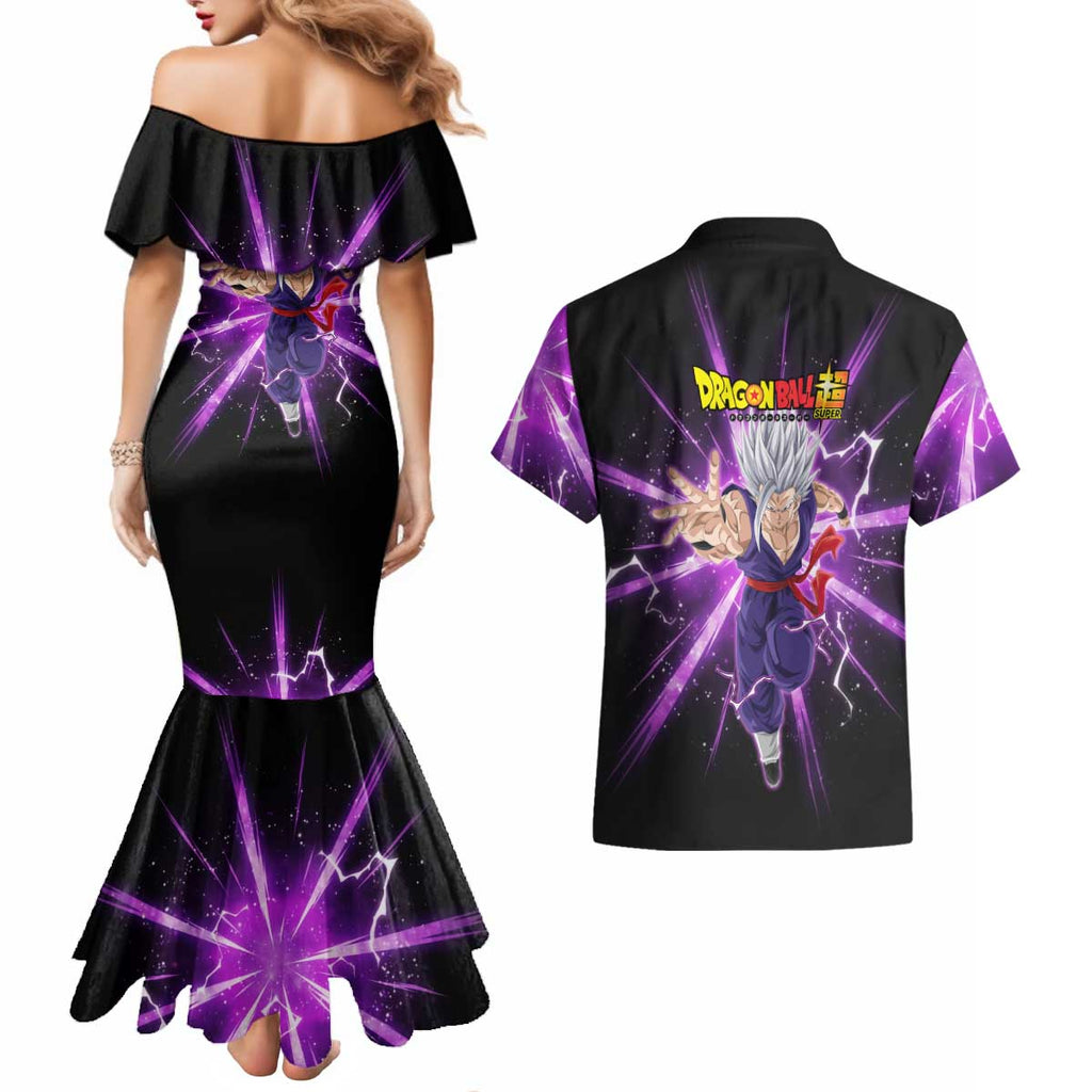 Gohan Beast Dragon Ball Super Anime Purple Lightning Aura Design Couples Matching Mermaid Dress and Hawaiian Shirt with Dynamic Power Pose and Energy Burst Background - The Mazicc