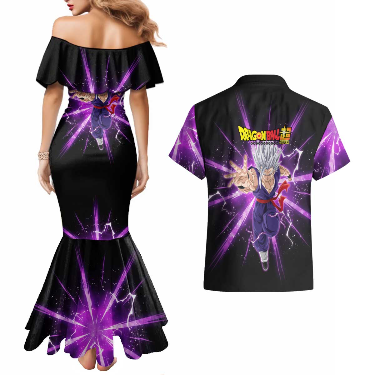 Gohan Beast Dragon Ball Super Anime Purple Lightning Aura Design Couples Matching Mermaid Dress and Hawaiian Shirt with Dynamic Power Pose and Energy Burst Background - The Mazicc