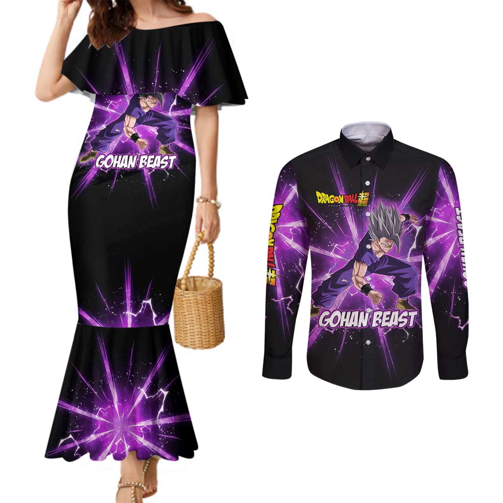Gohan Beast Dragon Ball Super Anime Purple Lightning Aura Design Couples Matching Mermaid Dress and Long Sleeve Button Shirt with Dynamic Power Pose and Energy Burst Background - The Mazicc