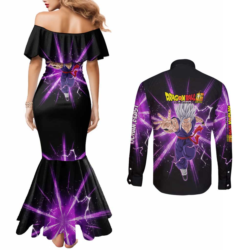 Gohan Beast Dragon Ball Super Anime Purple Lightning Aura Design Couples Matching Mermaid Dress and Long Sleeve Button Shirt with Dynamic Power Pose and Energy Burst Background - The Mazicc