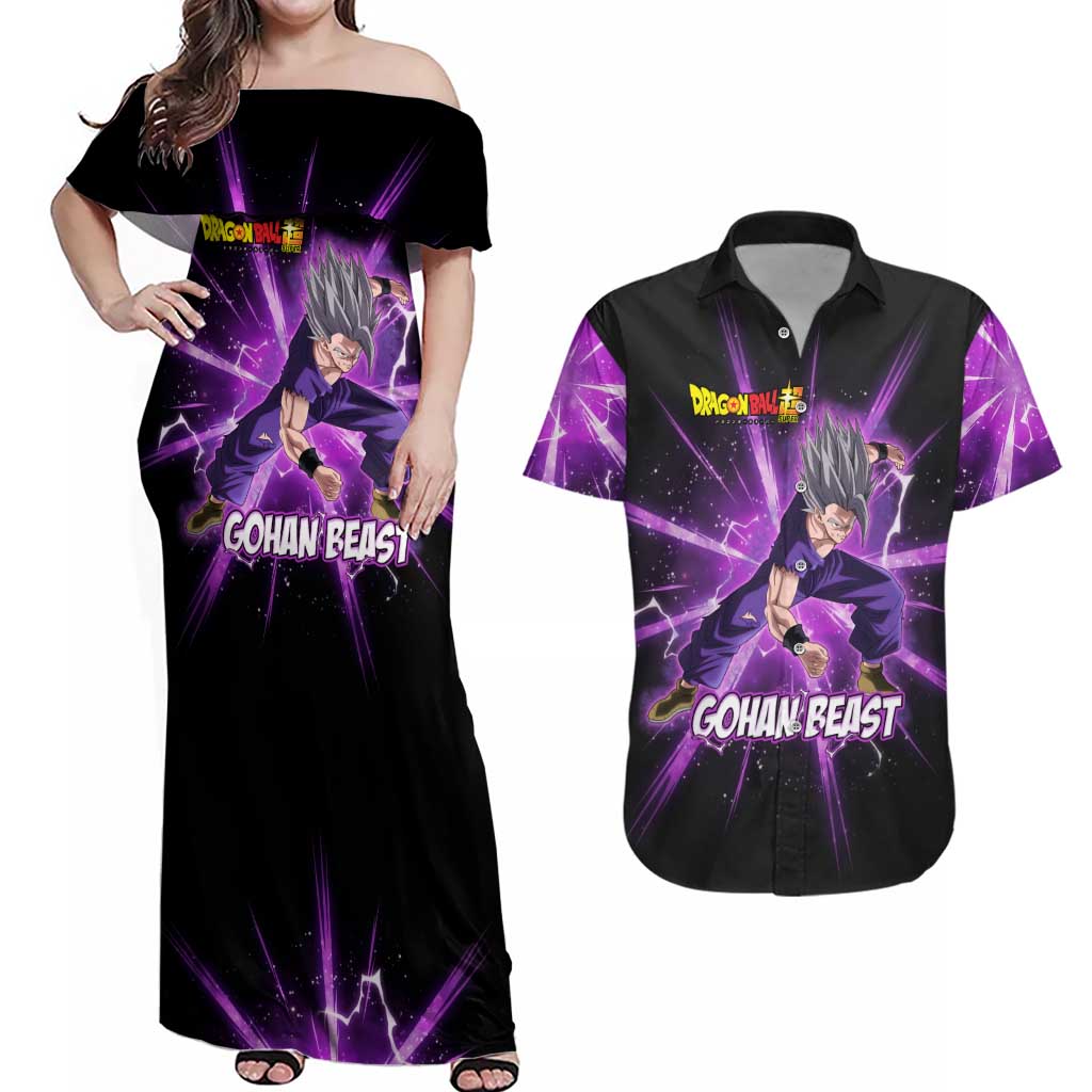 Gohan Beast Dragon Ball Super Anime Purple Lightning Aura Design Couples Matching Off Shoulder Maxi Dress and Hawaiian Shirt with Dynamic Power Pose and Energy Burst Background - The Mazicc