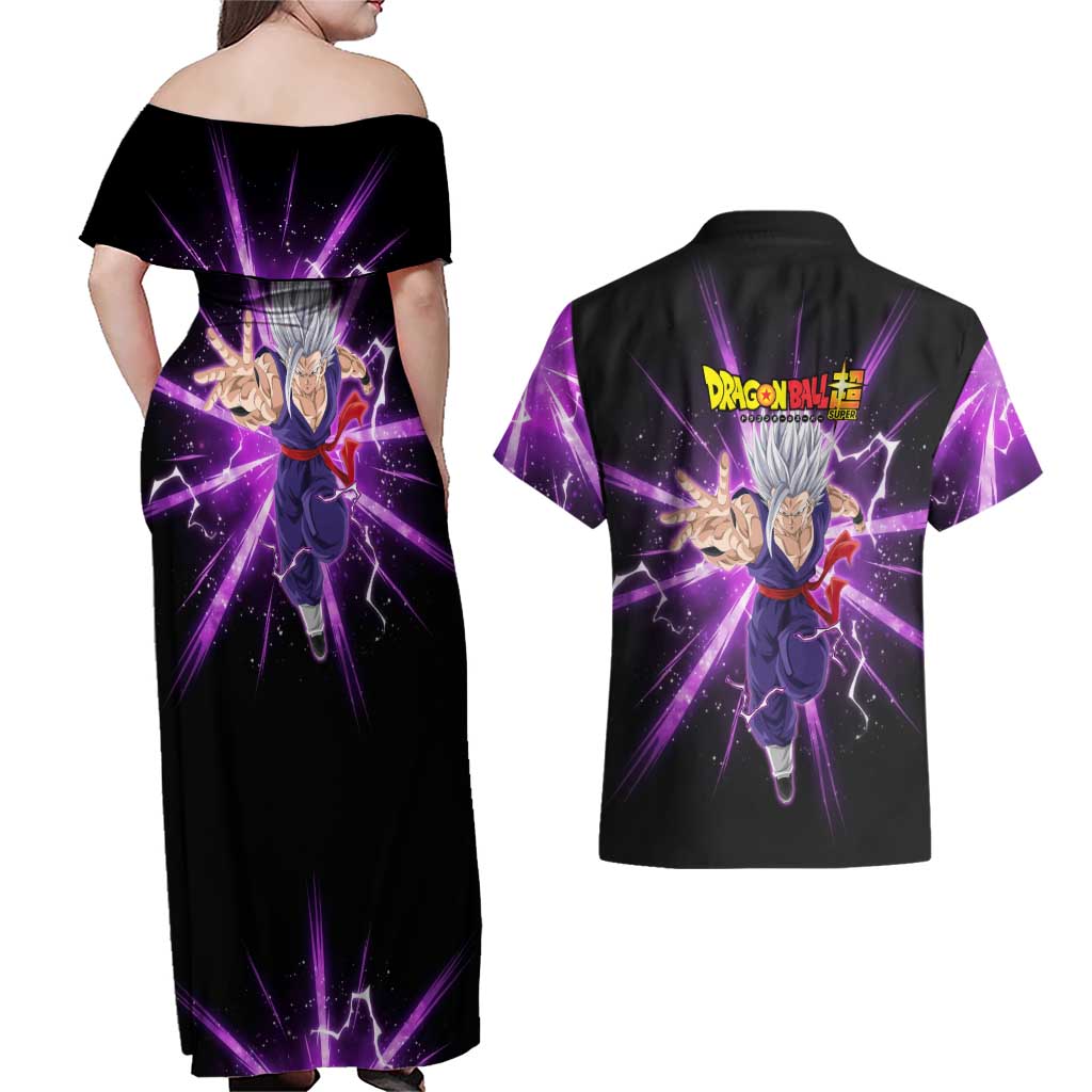 Gohan Beast Dragon Ball Super Anime Purple Lightning Aura Design Couples Matching Off Shoulder Maxi Dress and Hawaiian Shirt with Dynamic Power Pose and Energy Burst Background - The Mazicc