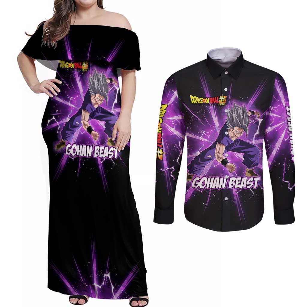 Gohan Beast Dragon Ball Super Anime Purple Lightning Aura Design Couples Matching Off Shoulder Maxi Dress and Long Sleeve Button Shirt with Dynamic Power Pose and Energy Burst Background - The Mazicc