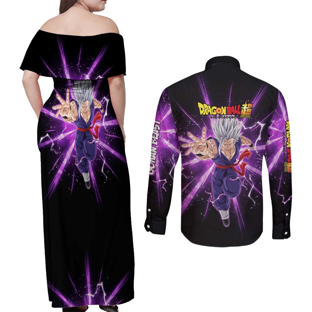 Gohan Beast Dragon Ball Super Anime Purple Lightning Aura Design Couples Matching Off Shoulder Maxi Dress and Long Sleeve Button Shirt with Dynamic Power Pose and Energy Burst Background - The Mazicc