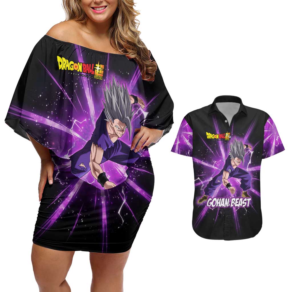Gohan Beast Dragon Ball Super Anime Purple Lightning Aura Design Couples Matching Off Shoulder Short Dress and Hawaiian Shirt with Dynamic Power Pose and Energy Burst Background - The Mazicc