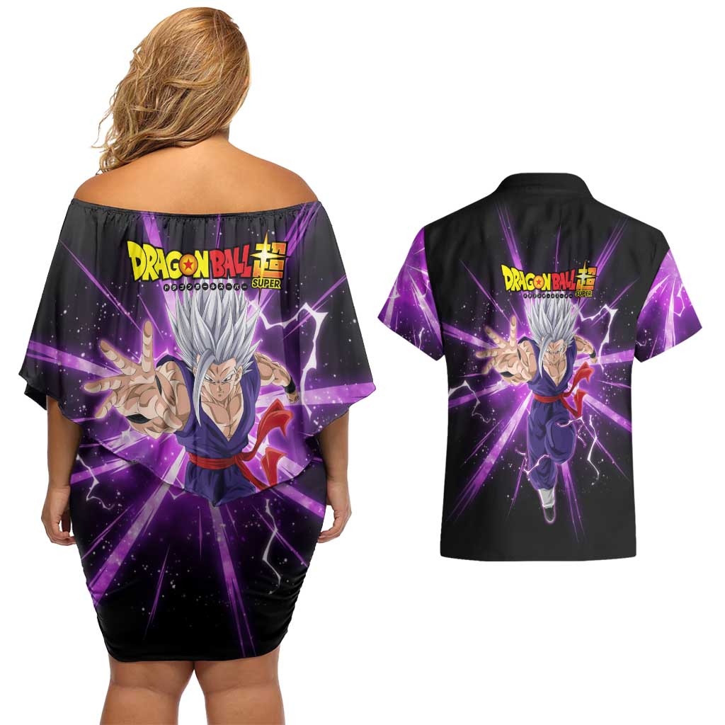 Gohan Beast Dragon Ball Super Anime Purple Lightning Aura Design Couples Matching Off Shoulder Short Dress and Hawaiian Shirt with Dynamic Power Pose and Energy Burst Background - The Mazicc
