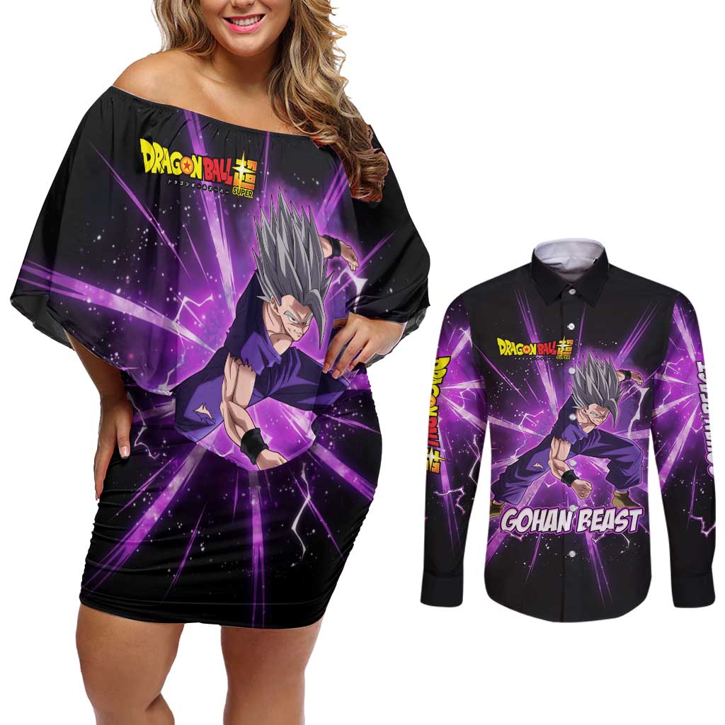 Gohan Beast Dragon Ball Super Anime Purple Lightning Aura Design Couples Matching Off Shoulder Short Dress and Long Sleeve Button Shirt with Dynamic Power Pose and Energy Burst Background - The Mazicc