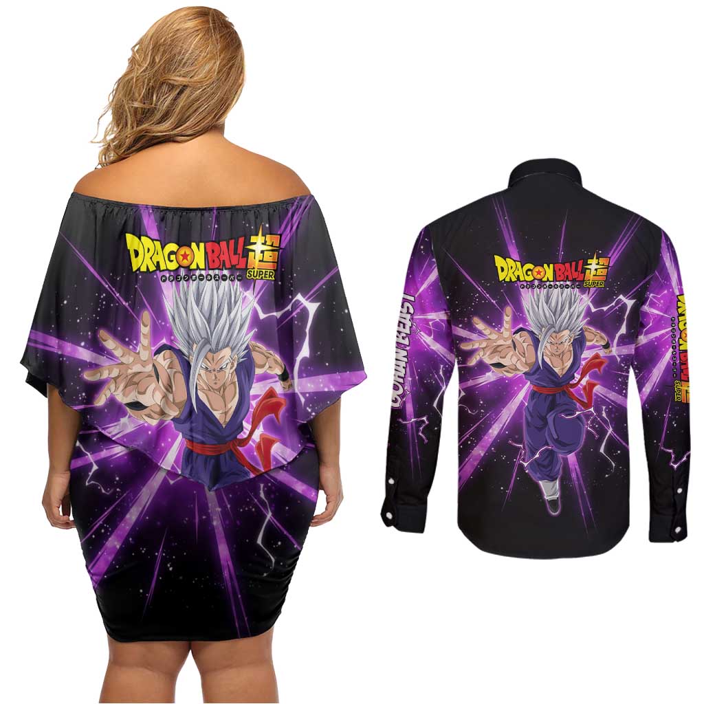 Gohan Beast Dragon Ball Super Anime Purple Lightning Aura Design Couples Matching Off Shoulder Short Dress and Long Sleeve Button Shirt with Dynamic Power Pose and Energy Burst Background - The Mazicc