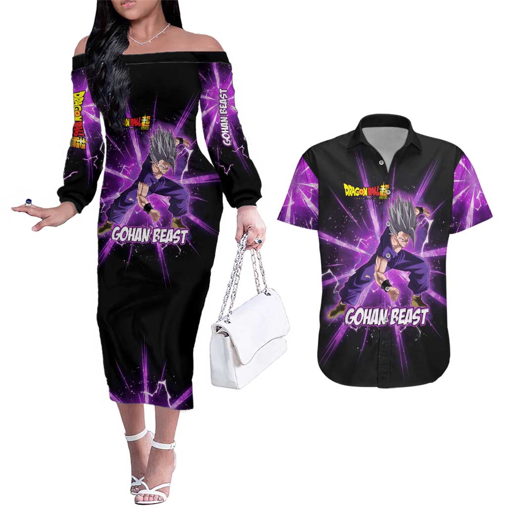 Gohan Beast Dragon Ball Super Anime Purple Lightning Aura Design Couples Matching Off The Shoulder Long Sleeve Dress and Hawaiian Shirt with Dynamic Power Pose and Energy Burst Background - The Mazicc