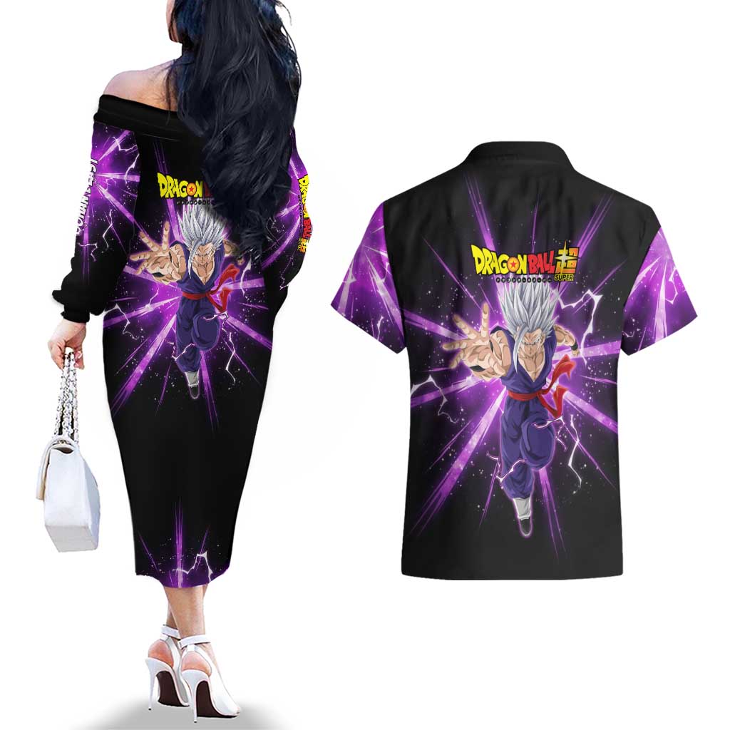 Gohan Beast Dragon Ball Super Anime Purple Lightning Aura Design Couples Matching Off The Shoulder Long Sleeve Dress and Hawaiian Shirt with Dynamic Power Pose and Energy Burst Background - The Mazicc