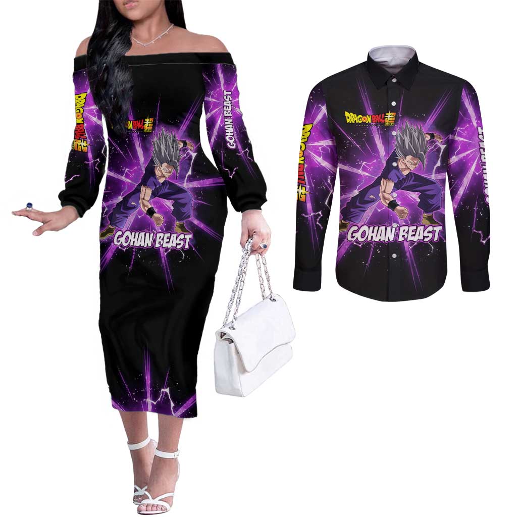 Gohan Beast Dragon Ball Super Anime Purple Lightning Aura Design Couples Matching Off The Shoulder Long Sleeve Dress and Long Sleeve Button Shirt with Dynamic Power Pose and Energy Burst Background - The Mazicc