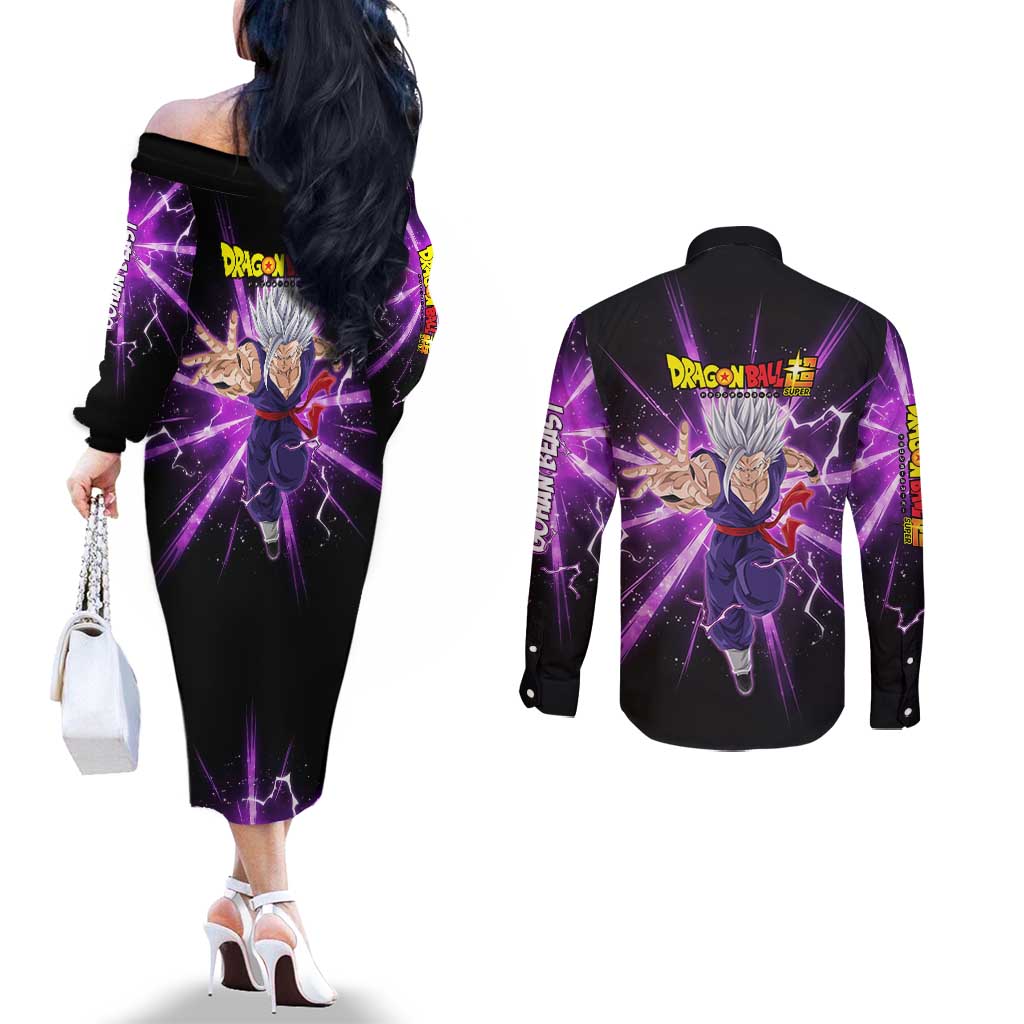 Gohan Beast Dragon Ball Super Anime Purple Lightning Aura Design Couples Matching Off The Shoulder Long Sleeve Dress and Long Sleeve Button Shirt with Dynamic Power Pose and Energy Burst Background - The Mazicc