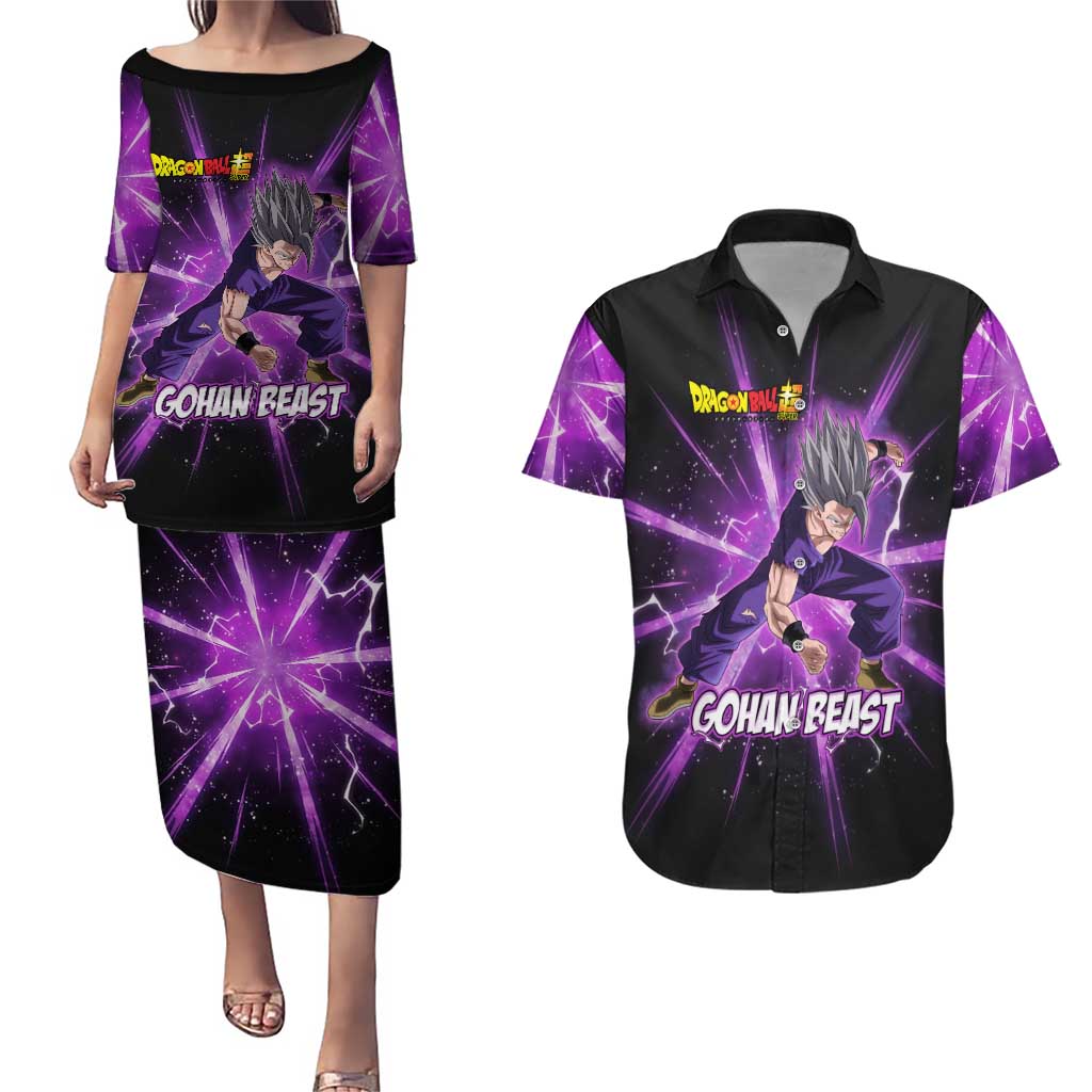 Gohan Beast Dragon Ball Super Anime Purple Lightning Aura Design Couples Matching Puletasi and Hawaiian Shirt with Dynamic Power Pose and Energy Burst Background - The Mazicc