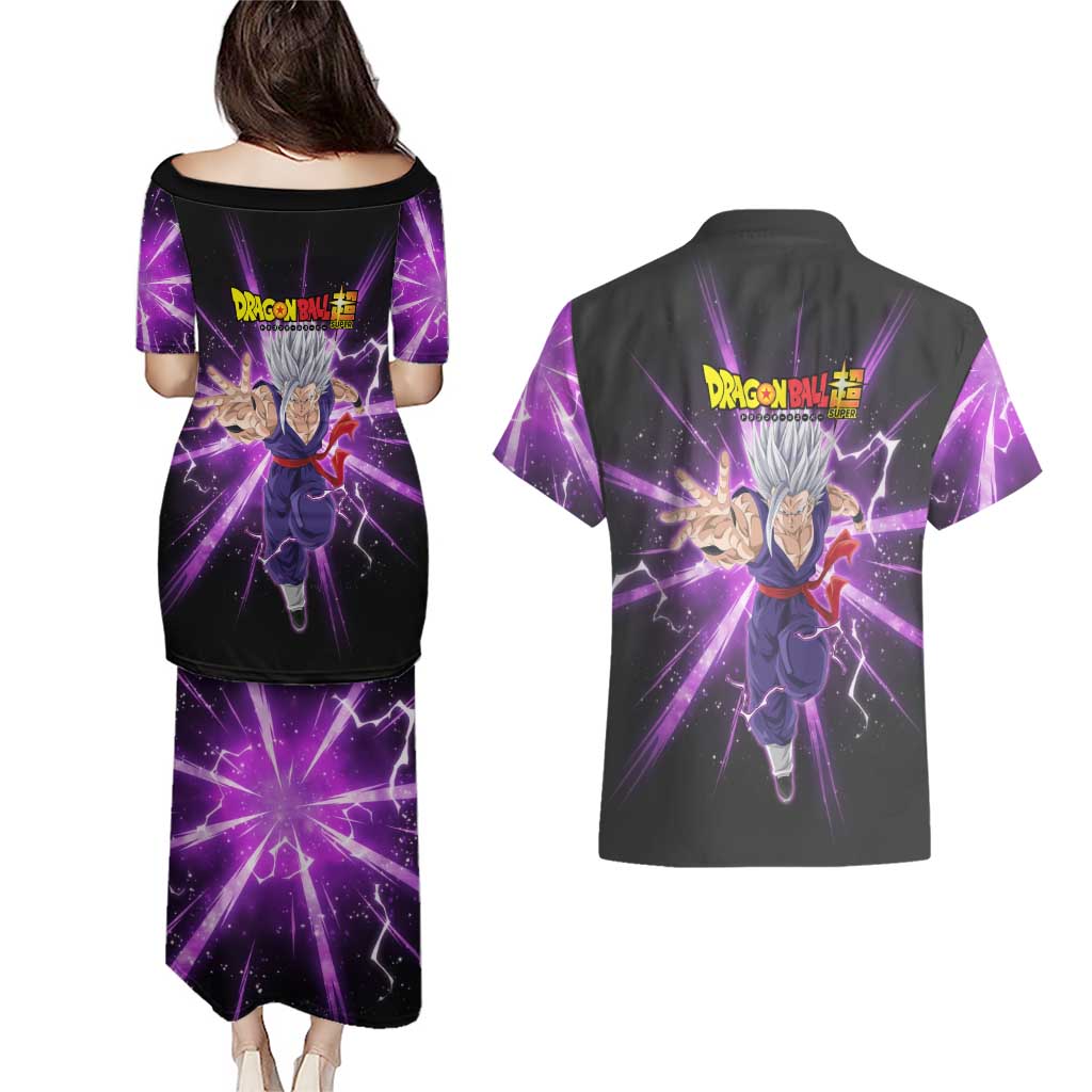 Gohan Beast Dragon Ball Super Anime Purple Lightning Aura Design Couples Matching Puletasi and Hawaiian Shirt with Dynamic Power Pose and Energy Burst Background - The Mazicc
