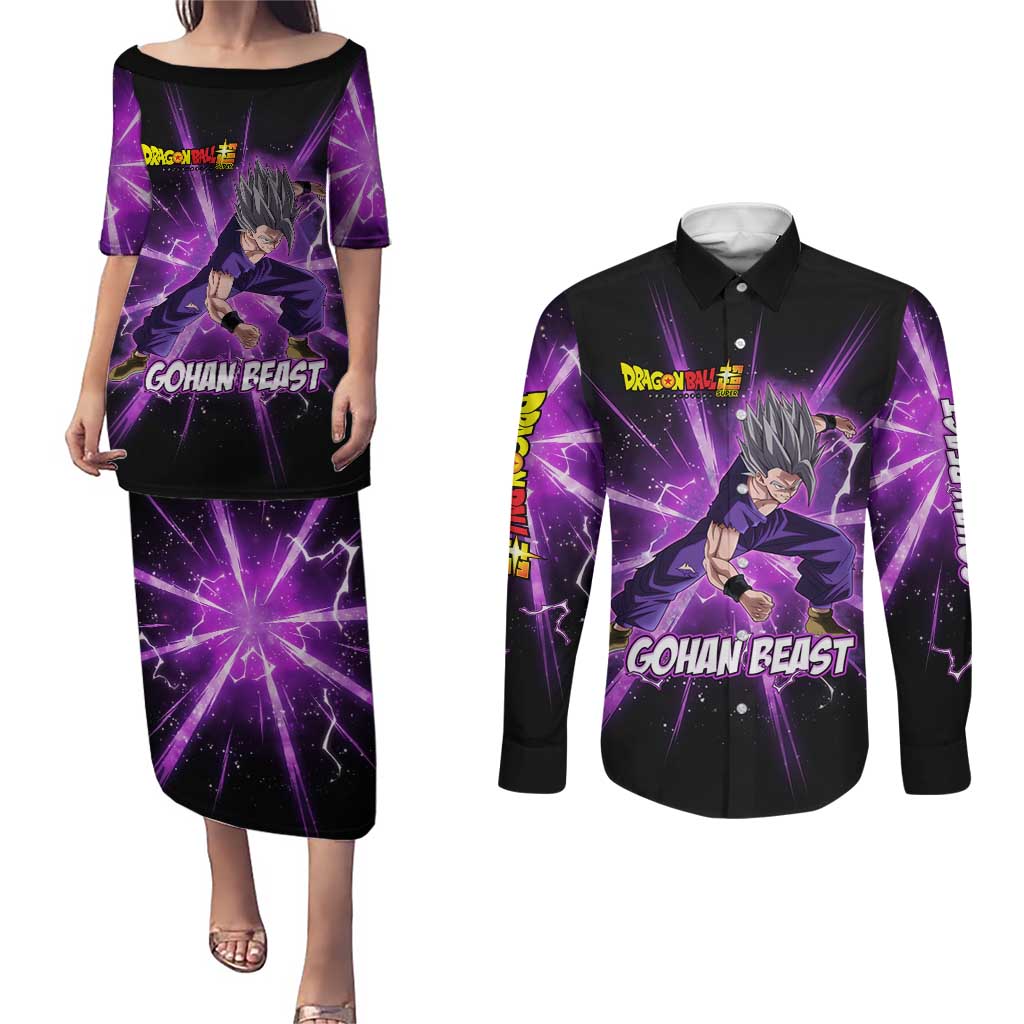 Gohan Beast Dragon Ball Super Anime Purple Lightning Aura Design Couples Matching Puletasi and Long Sleeve Button Shirt with Dynamic Power Pose and Energy Burst Background - The Mazicc
