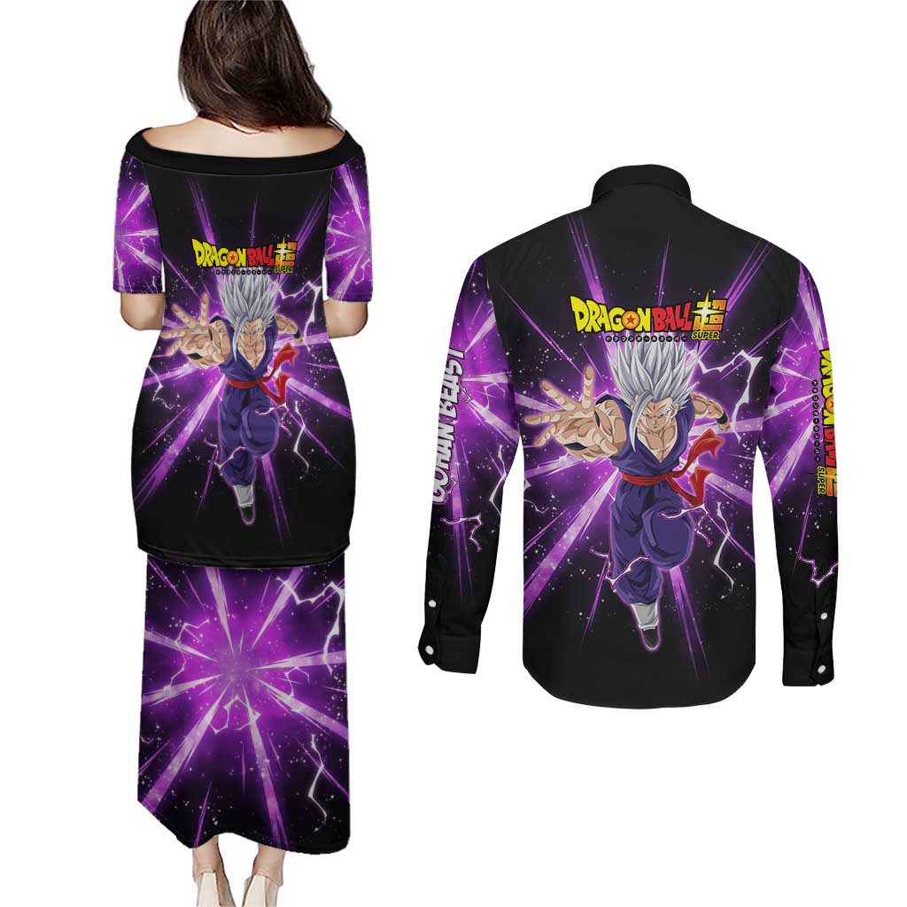 Gohan Beast Dragon Ball Super Anime Purple Lightning Aura Design Couples Matching Puletasi and Long Sleeve Button Shirt with Dynamic Power Pose and Energy Burst Background - The Mazicc