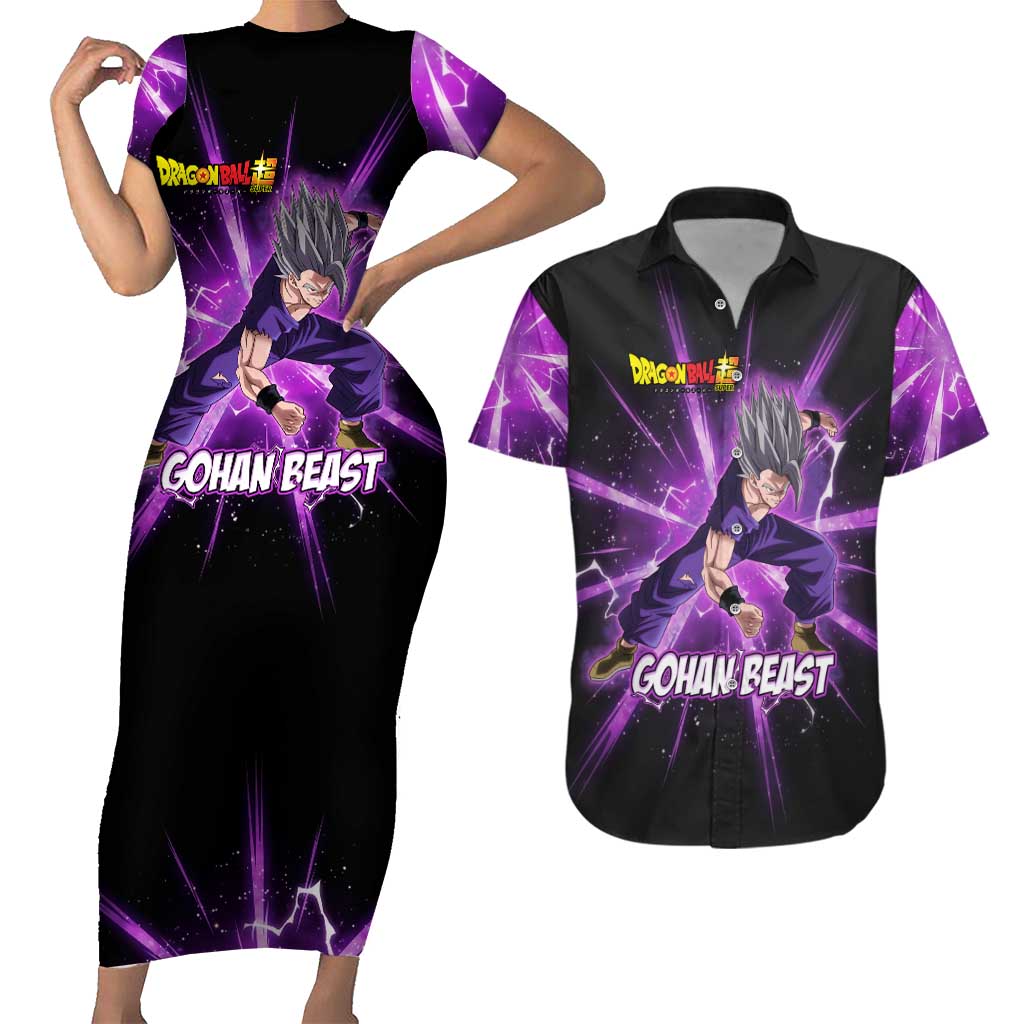 Gohan Beast Dragon Ball Super Anime Purple Lightning Aura Design Couples Matching Short Sleeve Bodycon Dress and Hawaiian Shirt with Dynamic Power Pose and Energy Burst Background - The Mazicc