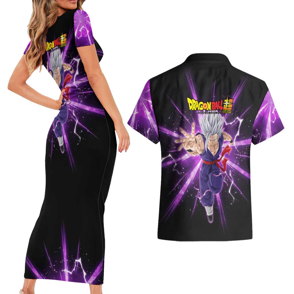 Gohan Beast Dragon Ball Super Anime Purple Lightning Aura Design Couples Matching Short Sleeve Bodycon Dress and Hawaiian Shirt with Dynamic Power Pose and Energy Burst Background - The Mazicc