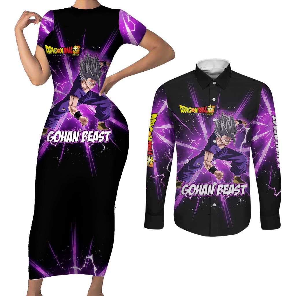 Gohan Beast Dragon Ball Super Anime Purple Lightning Aura Design Couples Matching Short Sleeve Bodycon Dress and Long Sleeve Button Shirt with Dynamic Power Pose and Energy Burst Background - The Mazicc
