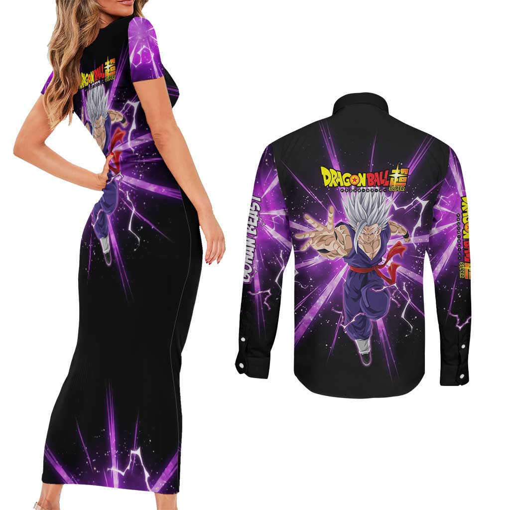 Gohan Beast Dragon Ball Super Anime Purple Lightning Aura Design Couples Matching Short Sleeve Bodycon Dress and Long Sleeve Button Shirt with Dynamic Power Pose and Energy Burst Background - The Mazicc