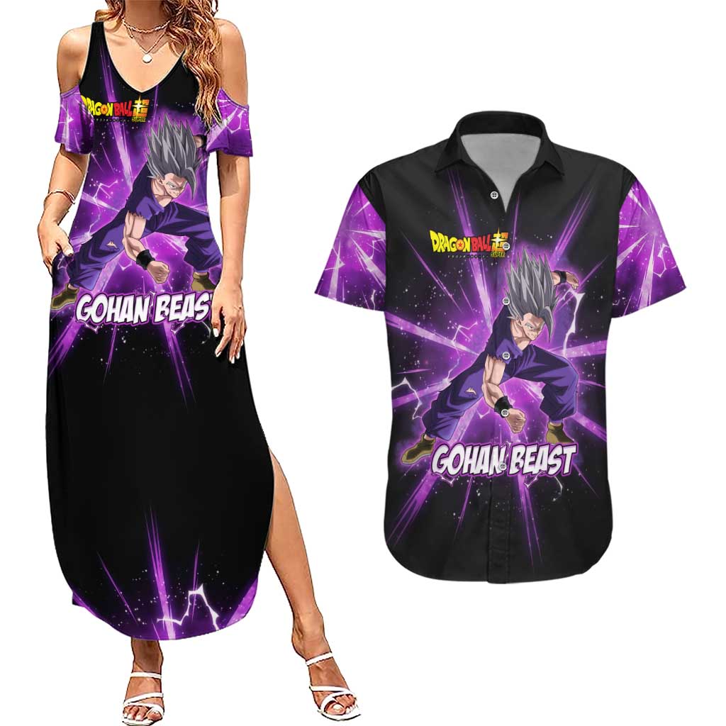 Gohan Beast Dragon Ball Super Anime Purple Lightning Aura Design Couples Matching Summer Maxi Dress and Hawaiian Shirt with Dynamic Power Pose and Energy Burst Background - The Mazicc