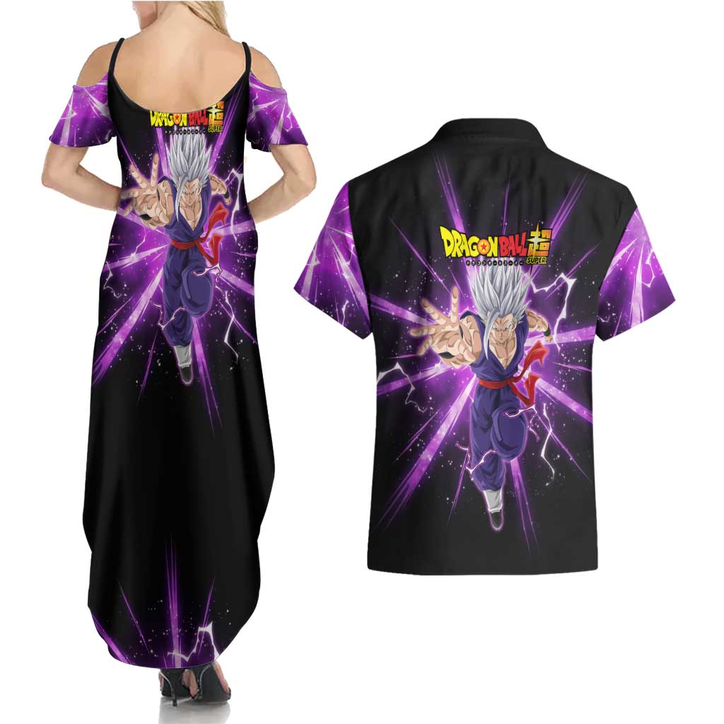 Gohan Beast Dragon Ball Super Anime Purple Lightning Aura Design Couples Matching Summer Maxi Dress and Hawaiian Shirt with Dynamic Power Pose and Energy Burst Background - The Mazicc