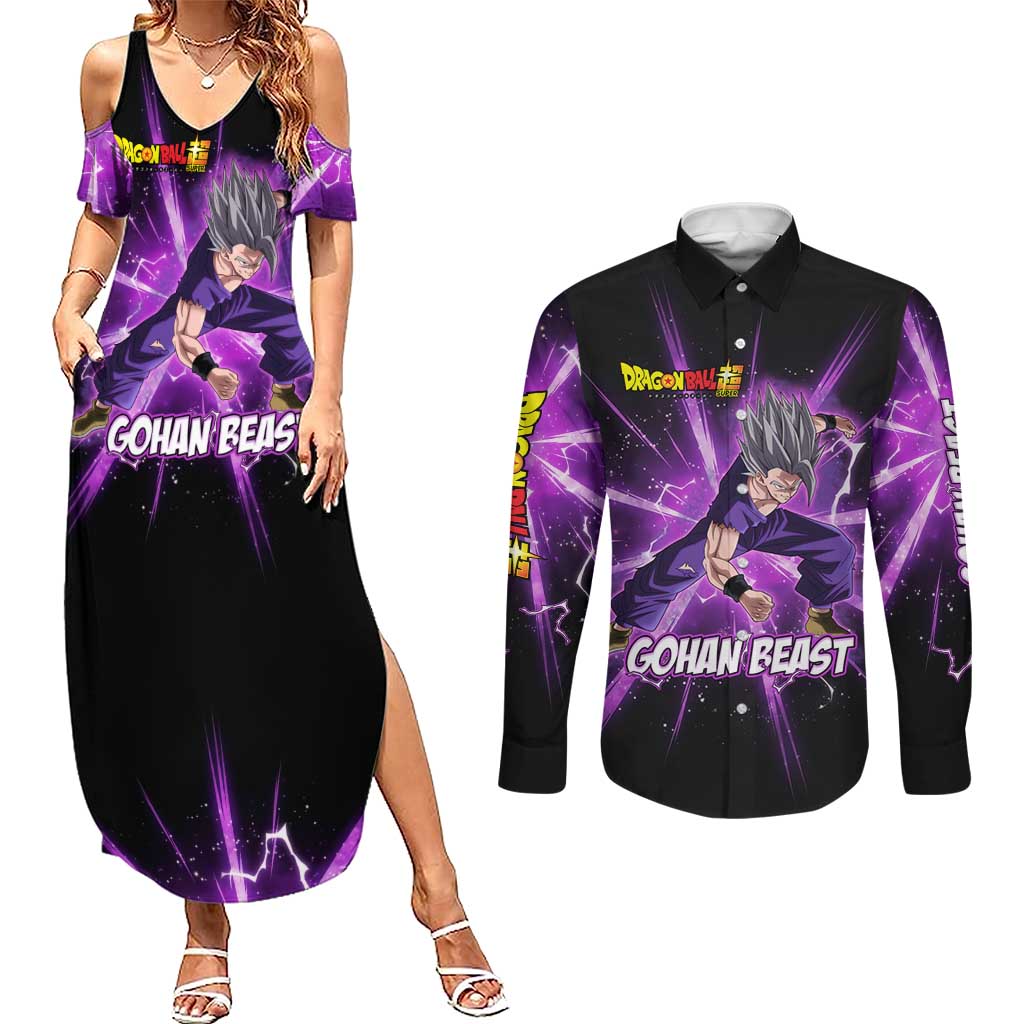 Gohan Beast Dragon Ball Super Anime Purple Lightning Aura Design Couples Matching Summer Maxi Dress and Long Sleeve Button Shirt with Dynamic Power Pose and Energy Burst Background - The Mazicc