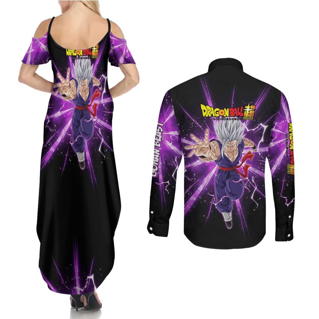 Gohan Beast Dragon Ball Super Anime Purple Lightning Aura Design Couples Matching Summer Maxi Dress and Long Sleeve Button Shirt with Dynamic Power Pose and Energy Burst Background - The Mazicc