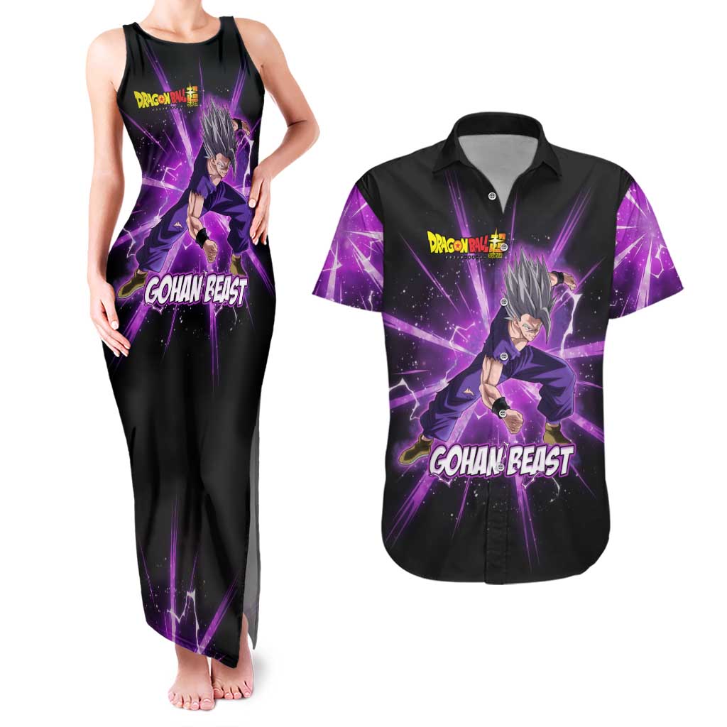 Gohan Beast Dragon Ball Super Anime Purple Lightning Aura Design Couples Matching Tank Maxi Dress and Hawaiian Shirt with Dynamic Power Pose and Energy Burst Background - The Mazicc