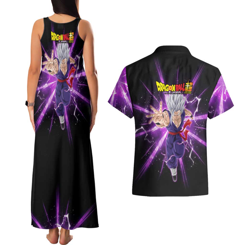 Gohan Beast Dragon Ball Super Anime Purple Lightning Aura Design Couples Matching Tank Maxi Dress and Hawaiian Shirt with Dynamic Power Pose and Energy Burst Background - The Mazicc