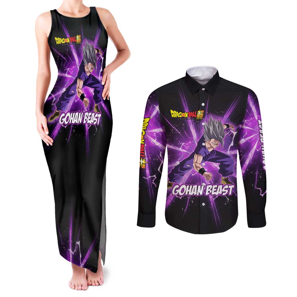 Gohan Beast Dragon Ball Super Anime Purple Lightning Aura Design Couples Matching Tank Maxi Dress and Long Sleeve Button Shirt with Dynamic Power Pose and Energy Burst Background - The Mazicc