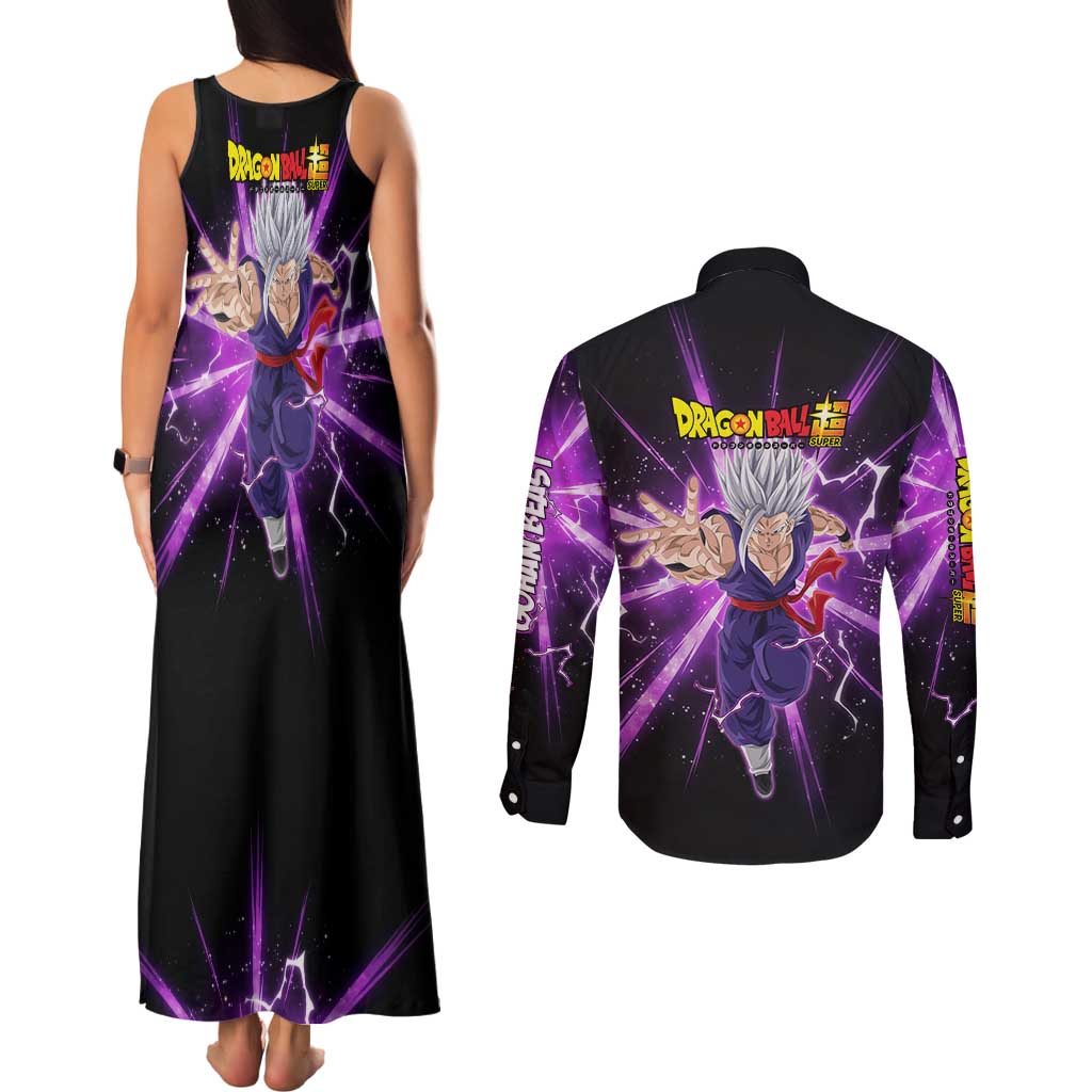 Gohan Beast Dragon Ball Super Anime Purple Lightning Aura Design Couples Matching Tank Maxi Dress and Long Sleeve Button Shirt with Dynamic Power Pose and Energy Burst Background - The Mazicc