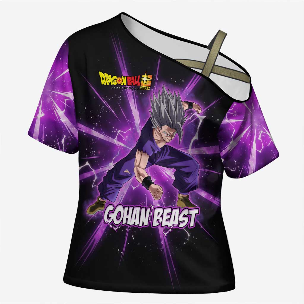 Gohan Beast Dragon Ball Super Anime Purple Lightning Aura Design Cross Shoulder Shirt with Dynamic Power Pose and Energy Burst Background - The Mazicc