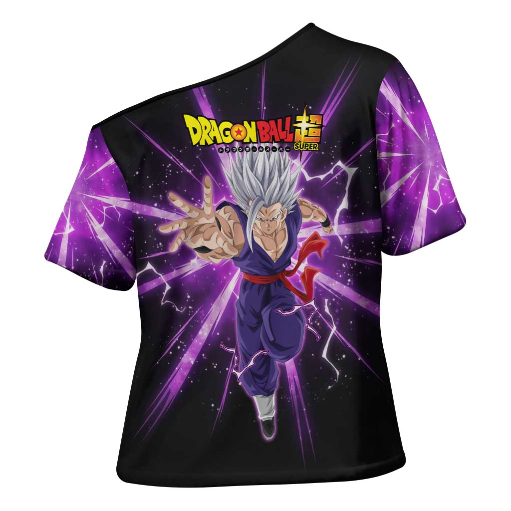 Gohan Beast Dragon Ball Super Anime Purple Lightning Aura Design Cross Shoulder Shirt with Dynamic Power Pose and Energy Burst Background - The Mazicc