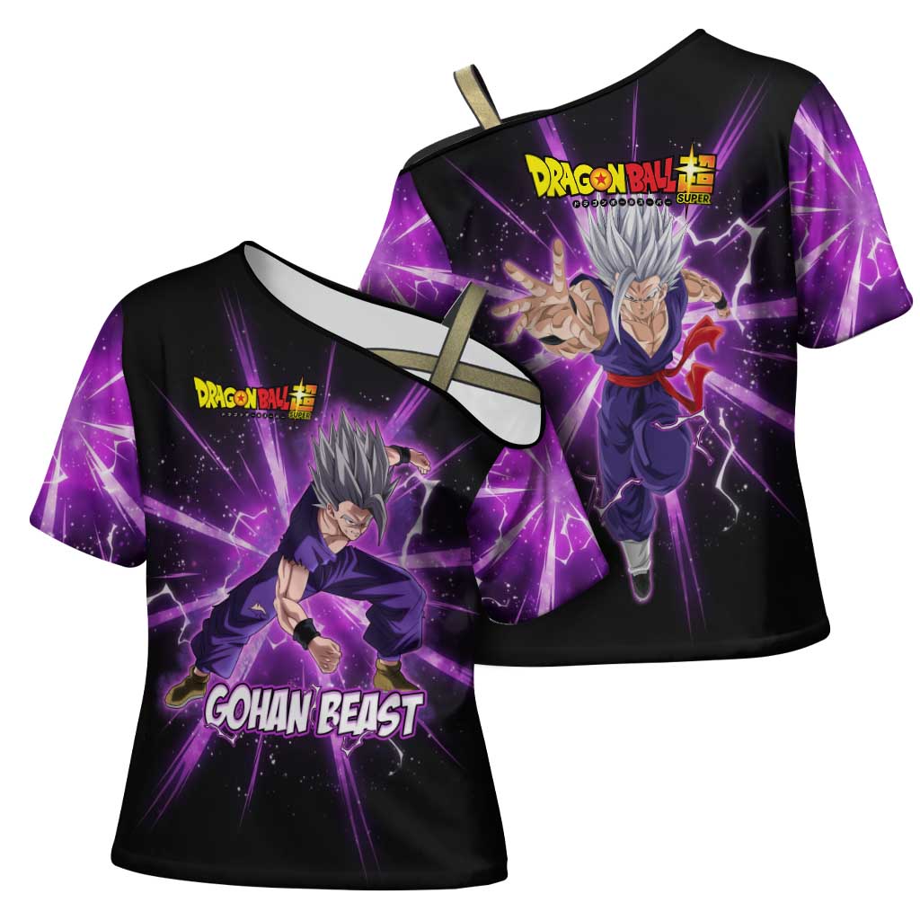 Gohan Beast Dragon Ball Super Anime Purple Lightning Aura Design Cross Shoulder Shirt with Dynamic Power Pose and Energy Burst Background - The Mazicc
