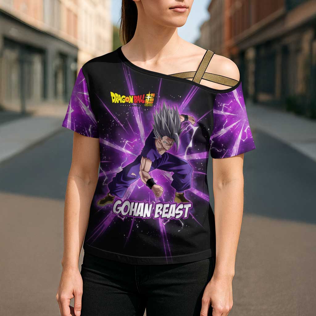 Gohan Beast Dragon Ball Super Anime Purple Lightning Aura Design Cross Shoulder Shirt with Dynamic Power Pose and Energy Burst Background - The Mazicc
