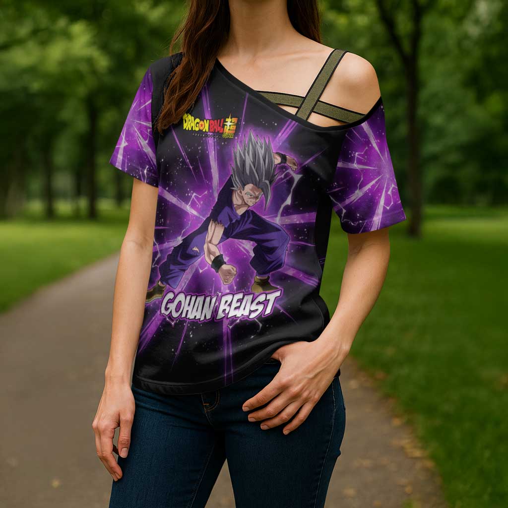 Gohan Beast Dragon Ball Super Anime Purple Lightning Aura Design Cross Shoulder Shirt with Dynamic Power Pose and Energy Burst Background - The Mazicc