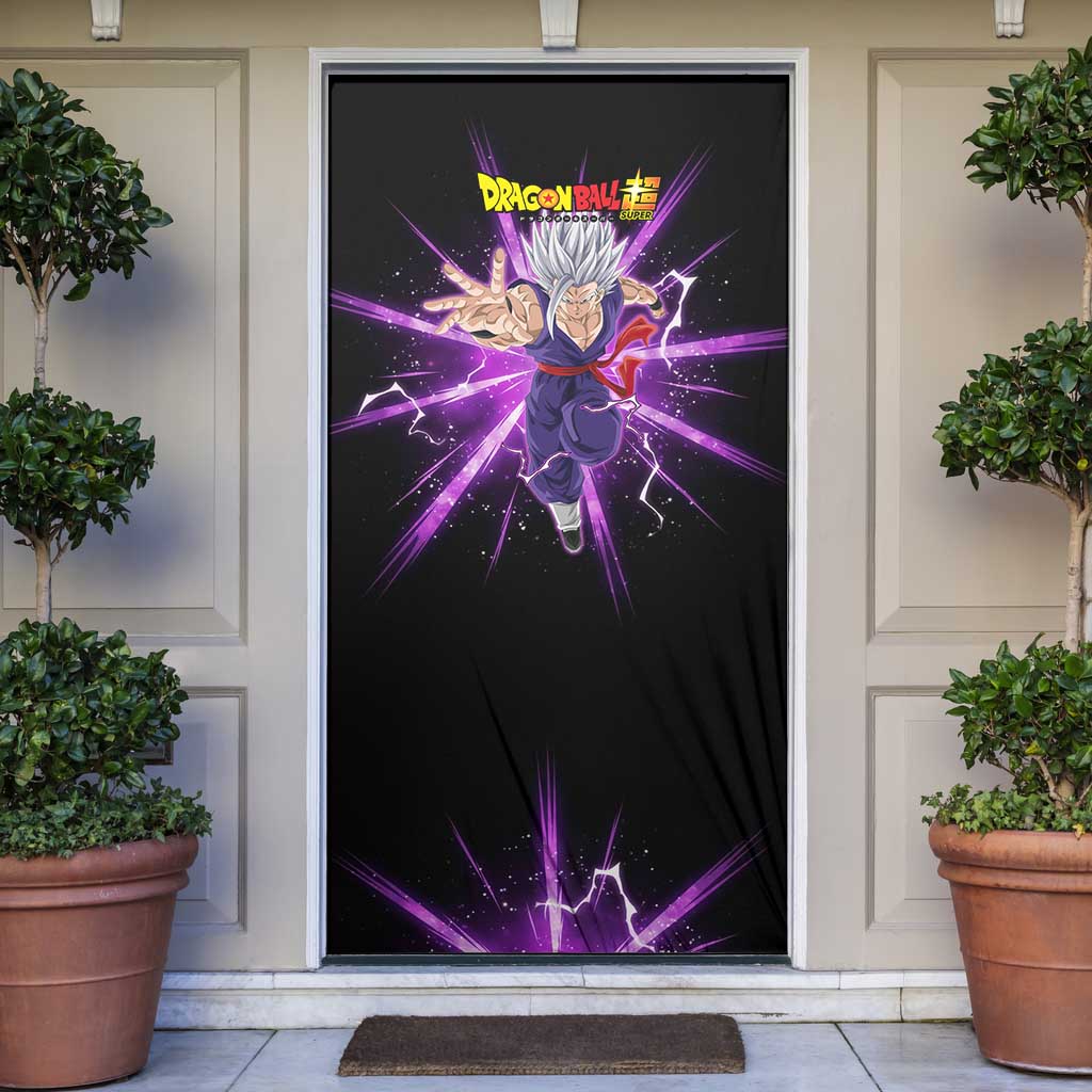 Gohan Beast Dragon Ball Super Anime Purple Lightning Aura Design Door Cover with Dynamic Power Pose and Energy Burst Background - The Mazicc