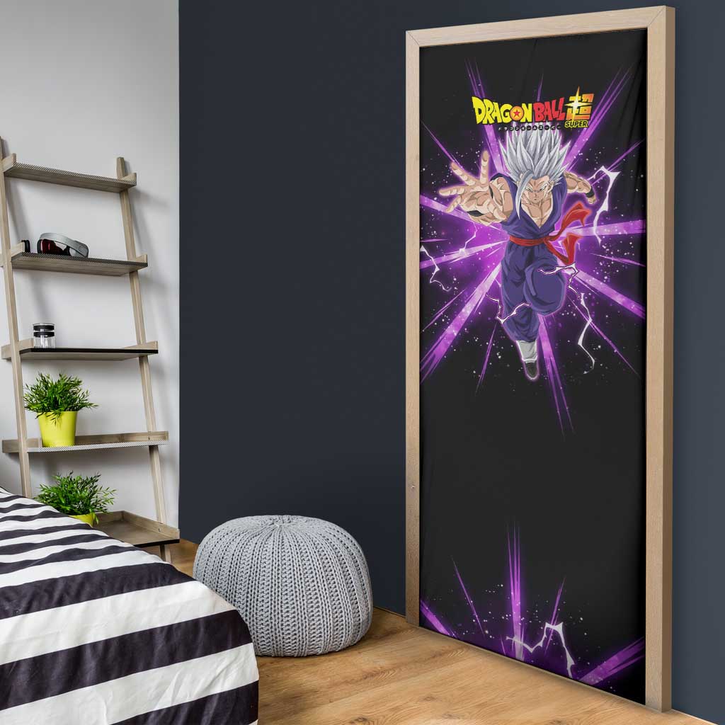 Gohan Beast Dragon Ball Super Anime Purple Lightning Aura Design Door Cover with Dynamic Power Pose and Energy Burst Background - The Mazicc