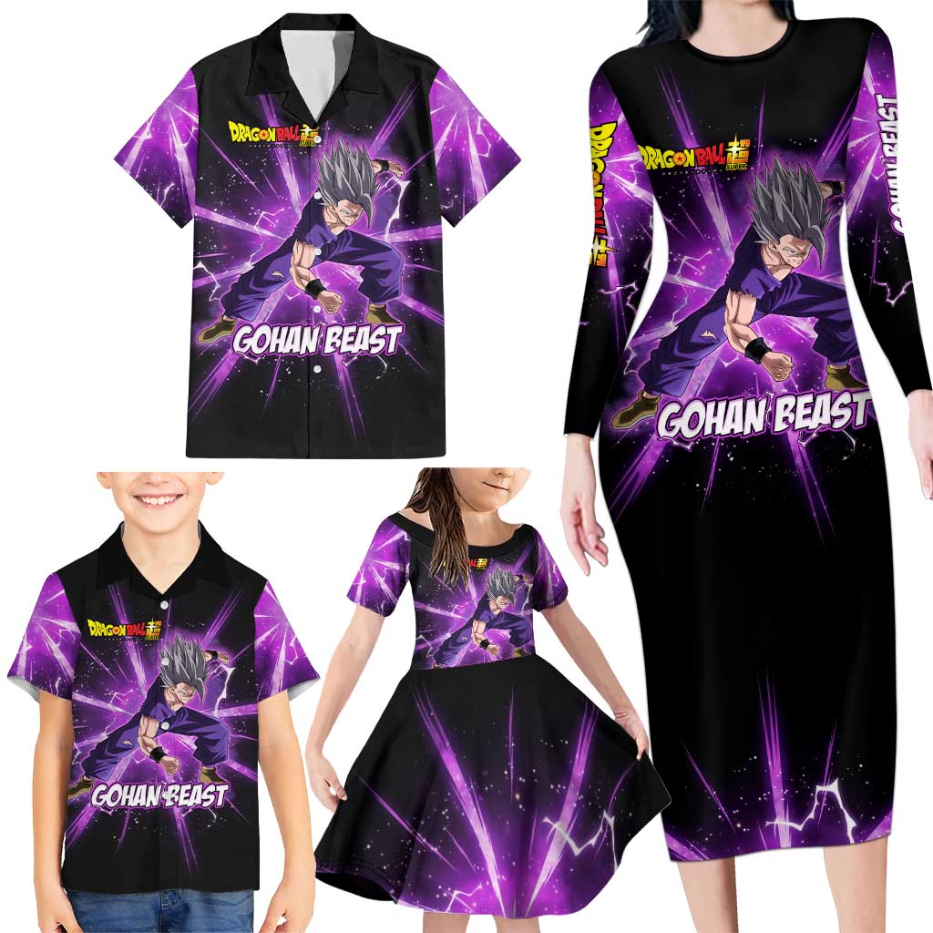 Gohan Beast Dragon Ball Super Anime Purple Lightning Aura Design Family Matching Long Sleeve Bodycon Dress and Hawaiian Shirt with Dynamic Power Pose and Energy Burst Background