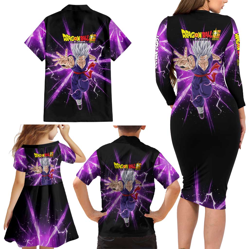 Gohan Beast Dragon Ball Super Anime Purple Lightning Aura Design Family Matching Long Sleeve Bodycon Dress and Hawaiian Shirt with Dynamic Power Pose and Energy Burst Background