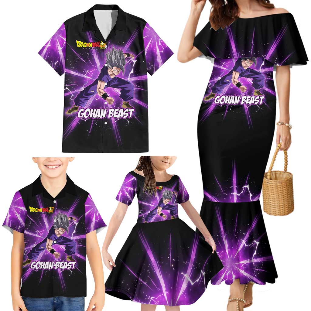 Gohan Beast Dragon Ball Super Anime Purple Lightning Aura Design Family Matching Mermaid Dress and Hawaiian Shirt with Dynamic Power Pose and Energy Burst Background